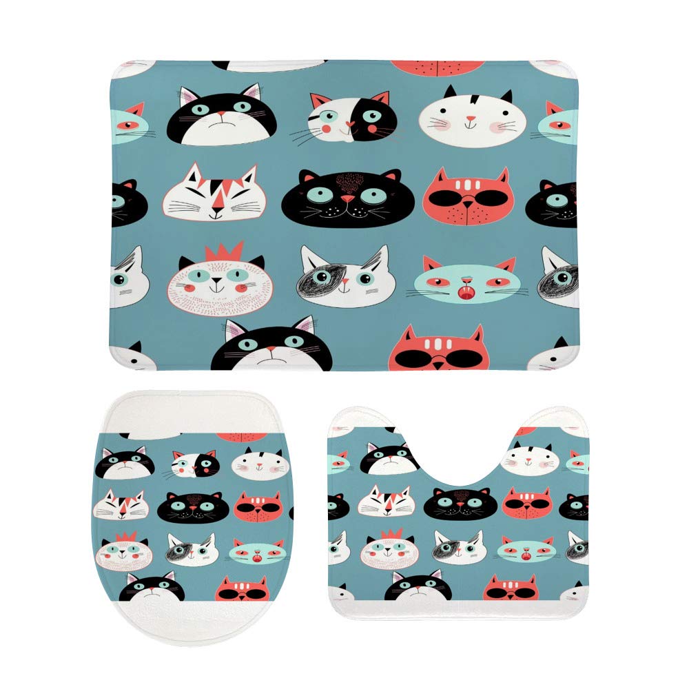 Tapis de salle de bain antidérapant lot de 3 avec contour WC motif chats lavable