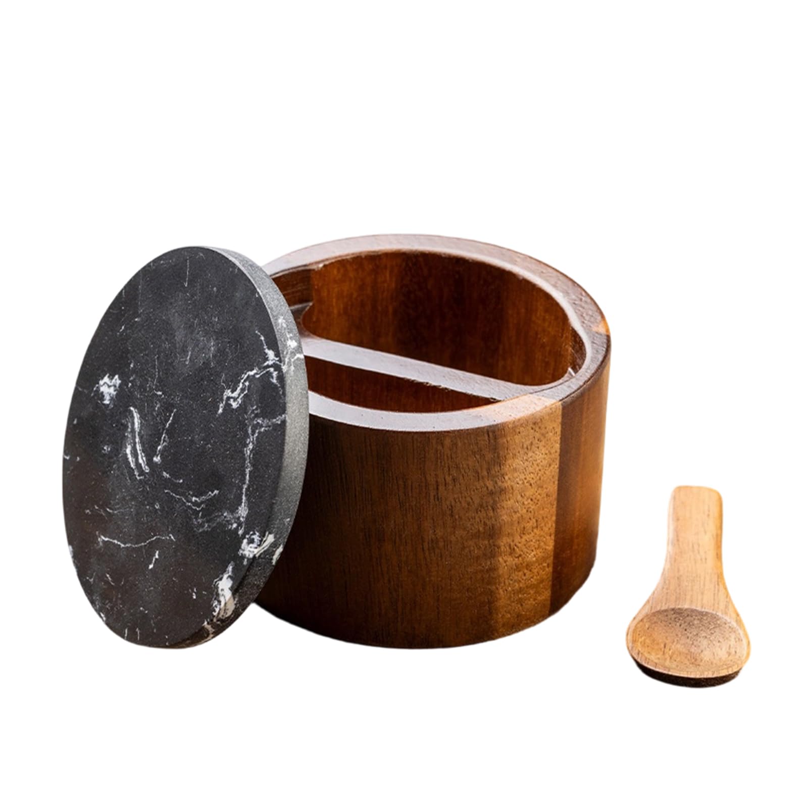 Zxfdsfdbnm Modern Wooden Condiment Holder Featuring Marble Seal and Integrated Spoon for Seasoning Wooden Salt Jar with Spoon