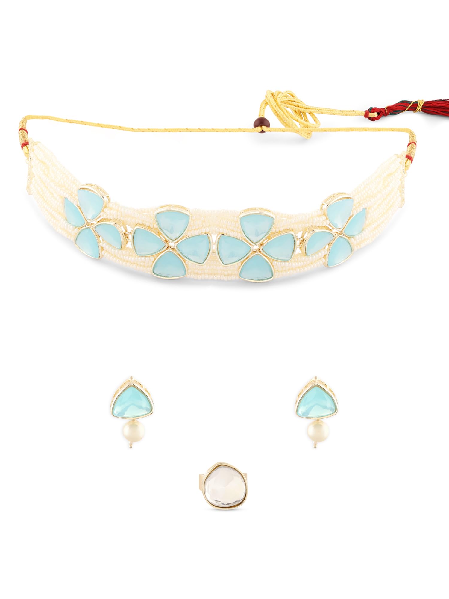 ZAVERI PEARLS Turquoise Blue Multistrand Beaded Artificial Stones Choker Necklace Earring & Ring Set For Women-ZPFK17097 (B0CPXP63Y5) Amazon Price History, Amazon Price Tracker