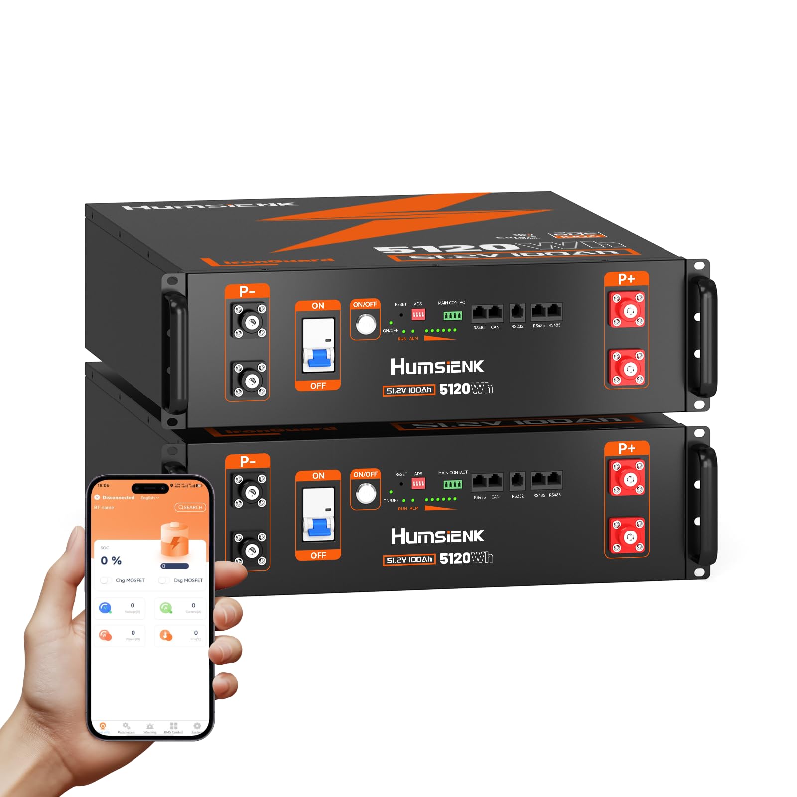 HumsiENK 48V 100Ah LiFePO4 Lithium Battery 3U Server Rack with Active Balancing & BYD Cells, Max 5120Wh & Bluetooth, 100A BMS, 15000+ Deep Cycles for Off-Grid Solar System, Home Energy Storage, 2 PACK