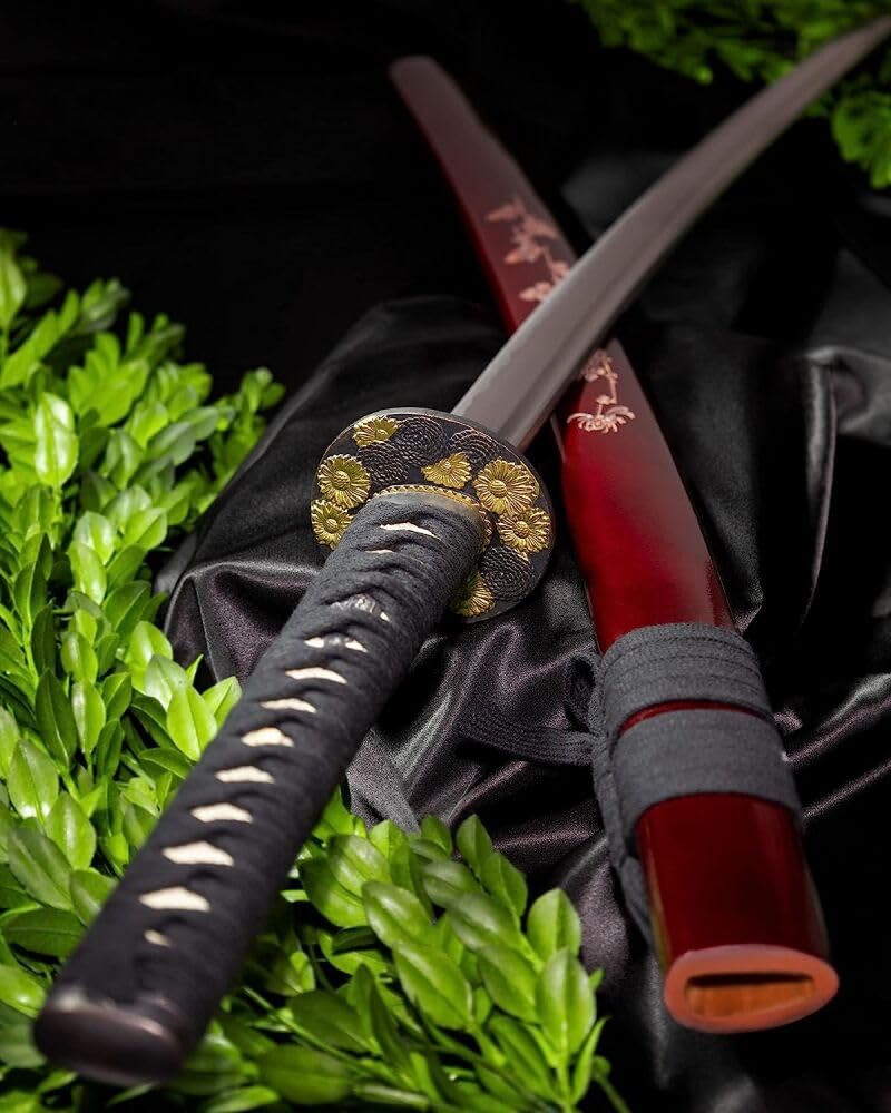 Lange Machete Katana Rot Schwert Scharf Echt Zum Training Metall Stahl 1045 Handgravierte Scheide Samurai 100% Handarbeit nur für Erwachsene - 18 Jahre erforderlich DS034
