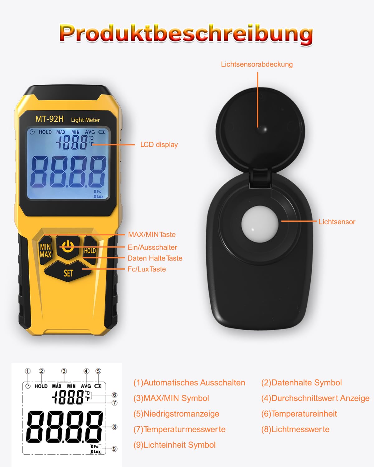 Digitales Luxmeter, Handheld Lux Messgerät Thermometer mit Externem Sensor, bis 200.000 Lux, hohe Genauigkeit, LCD Display, Lichtmessgerät für Pflanzen Innen Außen