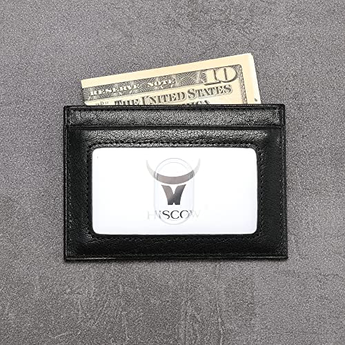 Image of HISCOW Slim Full Grain Leather Card Holder with ID Window, Veg-Tanned Black | Men's minimalist EDC wallet, front pocket carry, 2 credit card slots & center pocket, fits folded bills, premium gift box