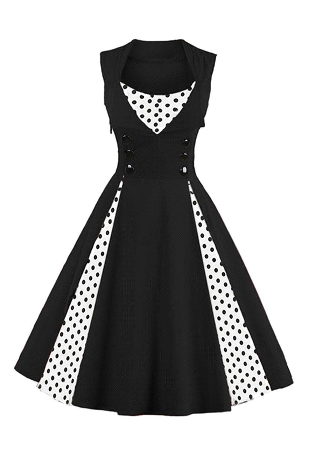 AXOE Women's 1940s 50s A-Line Vintage Fancy Dress Polka Dot Cocktail Dress Wedding Guest Party Stretch Cotton Knee-Length Black Polka Dots Polka Dots UK Size 14, L