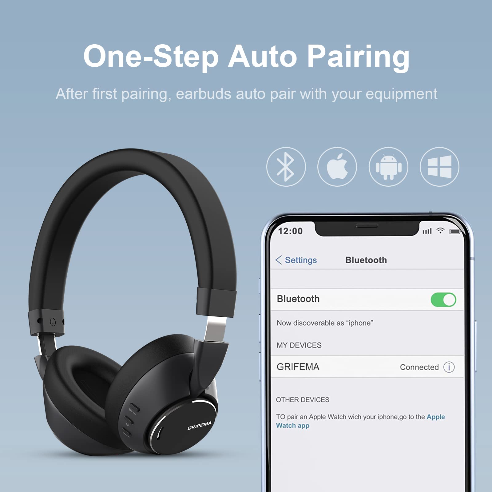 GRIFEMA GH1001, Écouteurs Bluetooth Supra-Auriculaires, Écouteurs sans Fil 5.1, 12-14 Heures de Lecture, Audio Haute Résolution, Basses Lourdes, Suppression du Bruit ANC, Sports de Plein Air, Noir