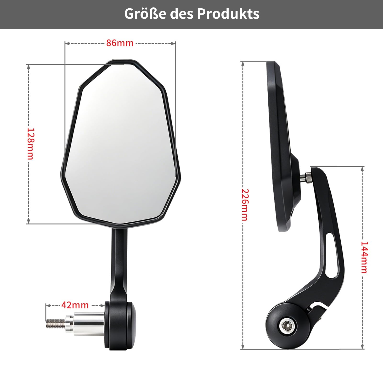 evermotor Motorrad Lenkerendenspiegel, Motorrad Spiegel E-geprüft, 360° Drehbar, für M8-Gewinde & Lenker Ø 13–15 mm und 17–19 mm, Aluminium, Matt Schwarz, Paar