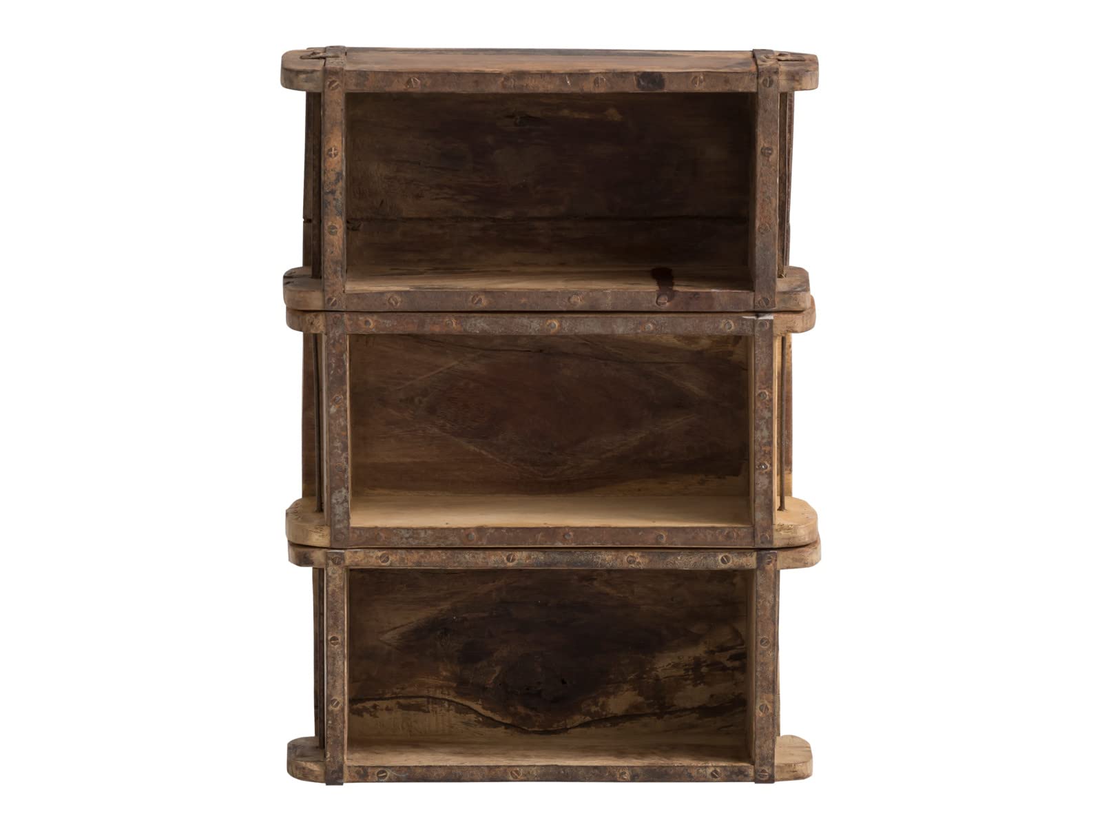 Woodkings® Wandregal Ziegelform 3er Altholz Wandderoration Aufbewahrungsbox Backsteinform rustikal mit Metallbeschlägen Holzbox Wandboard Shabby Geschenkidee Regal Gewürzregal