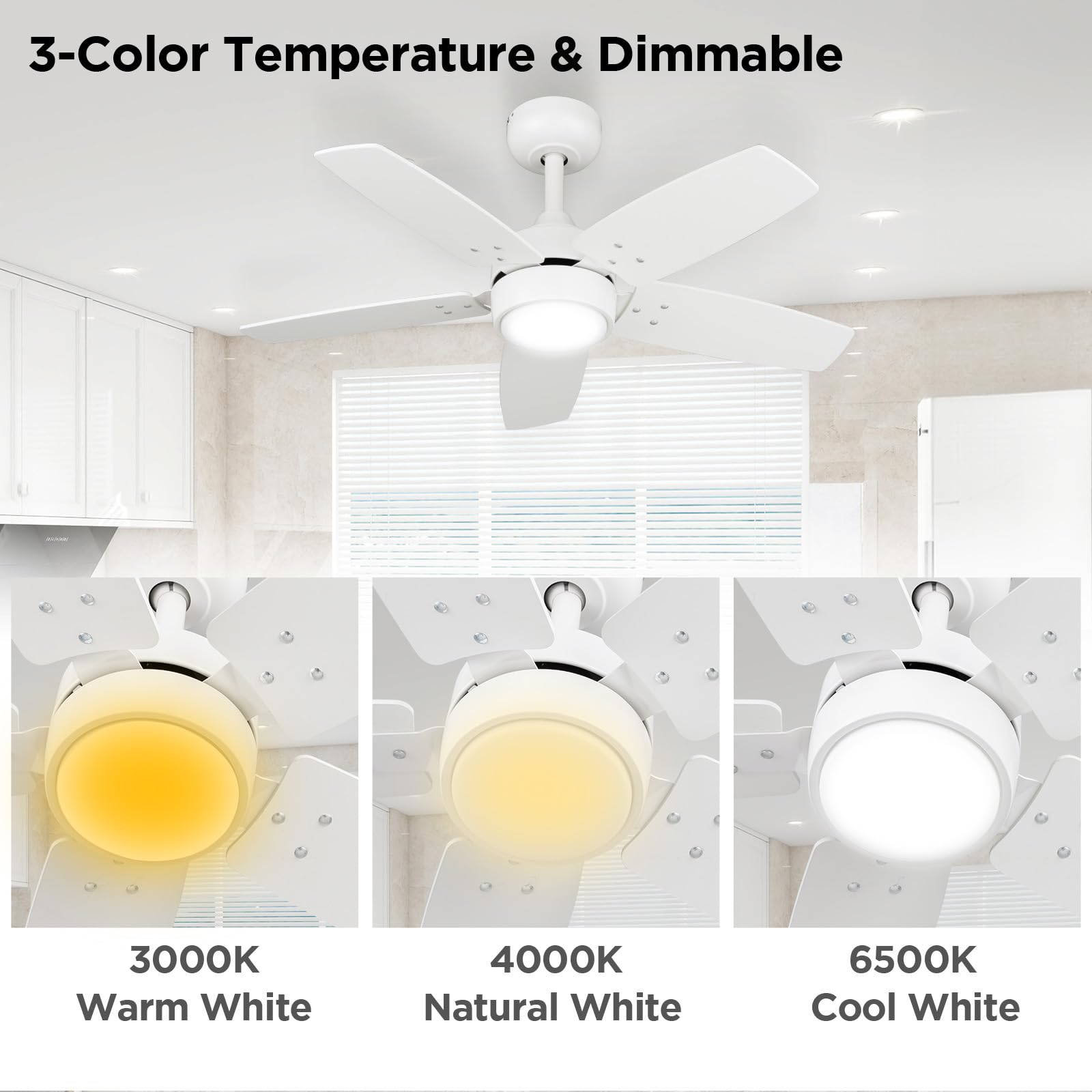 Ventilatore da Soffitto 91 CM Per Stanze Piccole: Moderno Bianco Opaco Con Telecomando Dimmerabile - Reversibile E Silenzioso con 6 Velocità Per Camere Da Letto Piccole - 230 V