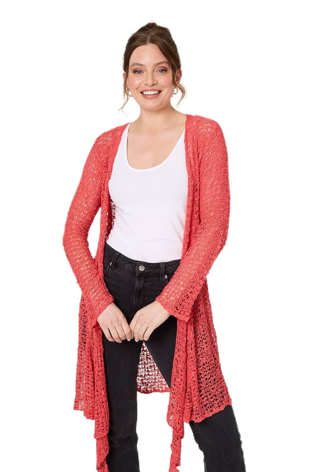 Izabel London Women's Coral Crochet Knit Longline Waterfall Cardigan For Uk With Long Flared Sleeves And An Open Front.