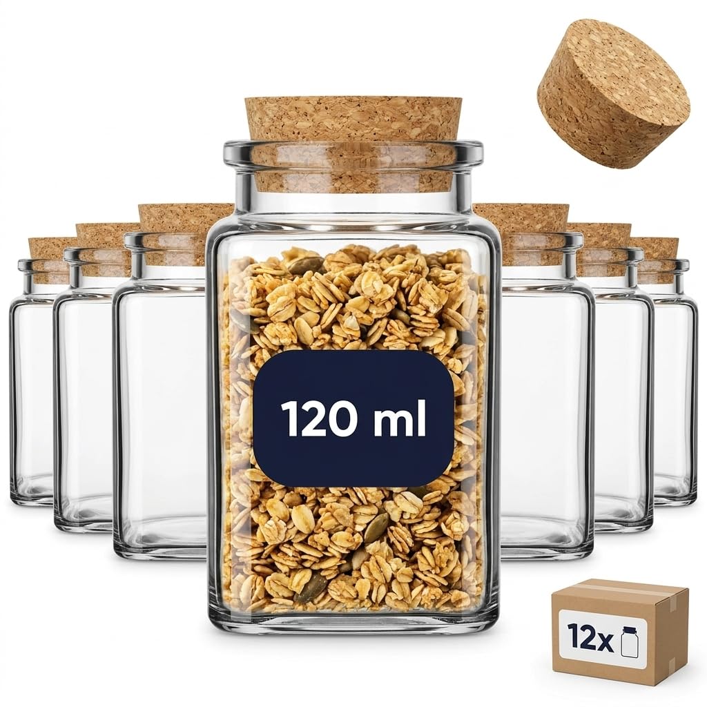 Gouveo 120Ml Set Of 12 Spice Jars Square High 120 Ml Including Recipe Booklet, Ideal For Party Favours, Cork Jars, Glass Jar, Storage Jar, Cork Jar, Square
