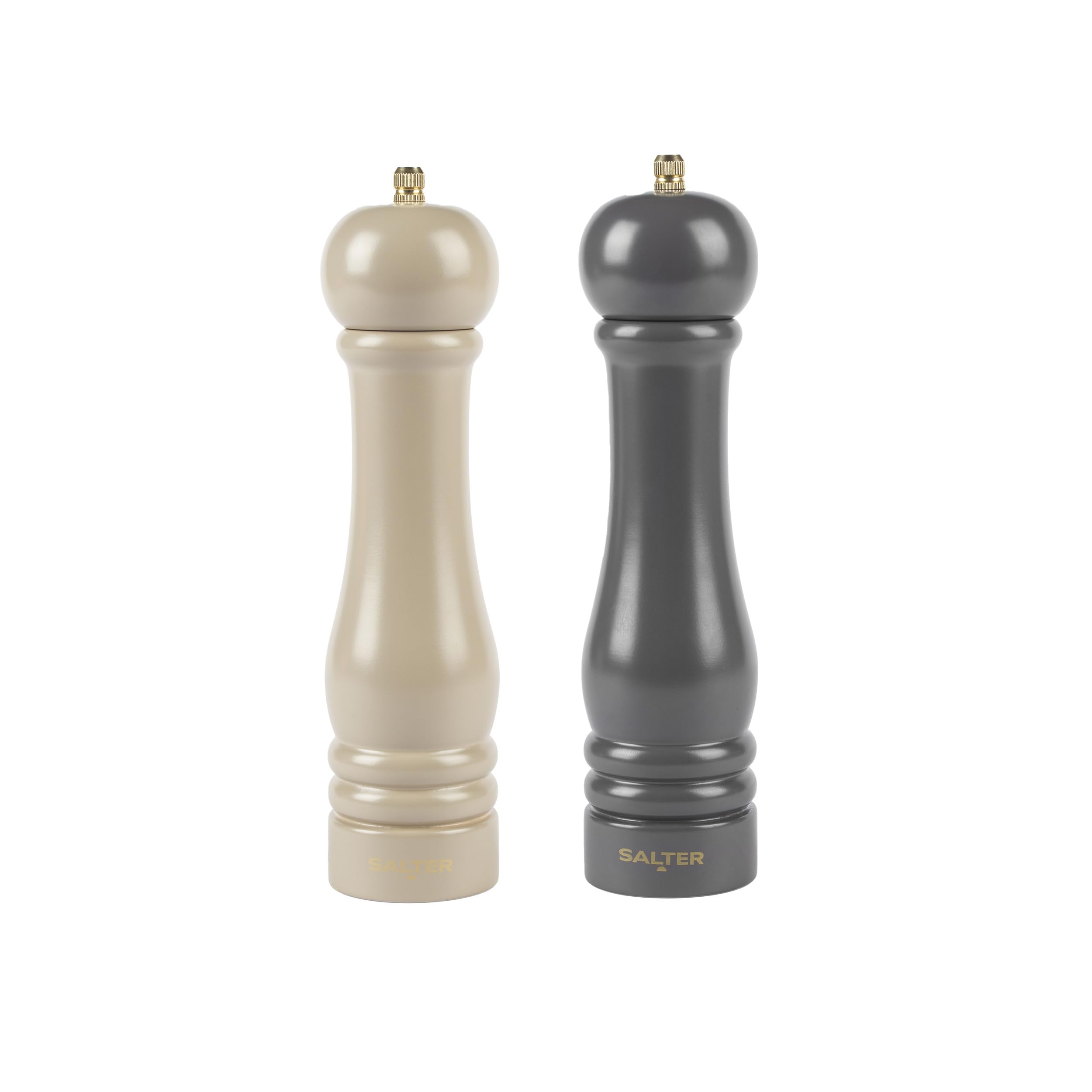 Salter Beige Salt And Pepper Mills - Set Of 2 Grinders, 23 Cm Tall, Adjustable Grinding Fine To Coarse, Ceramic Mechanism, Suitable For Rock Salt/Peppercorns, Seasoning, Extra Cap Included, /Charcoal