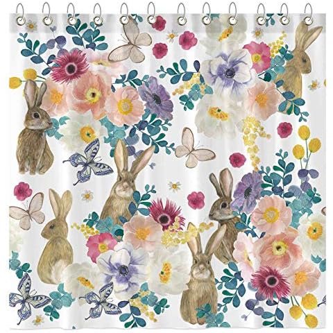 Funnytree Spring Easter Bunny Flower Shower Curtain Set with Hooks Watercolor Floral Rabbit Butterfly Bath House Bathroom Bathtubs Decor Easy Care Waterproof Washable Durable Polyester Fabric 72"x72" Cover