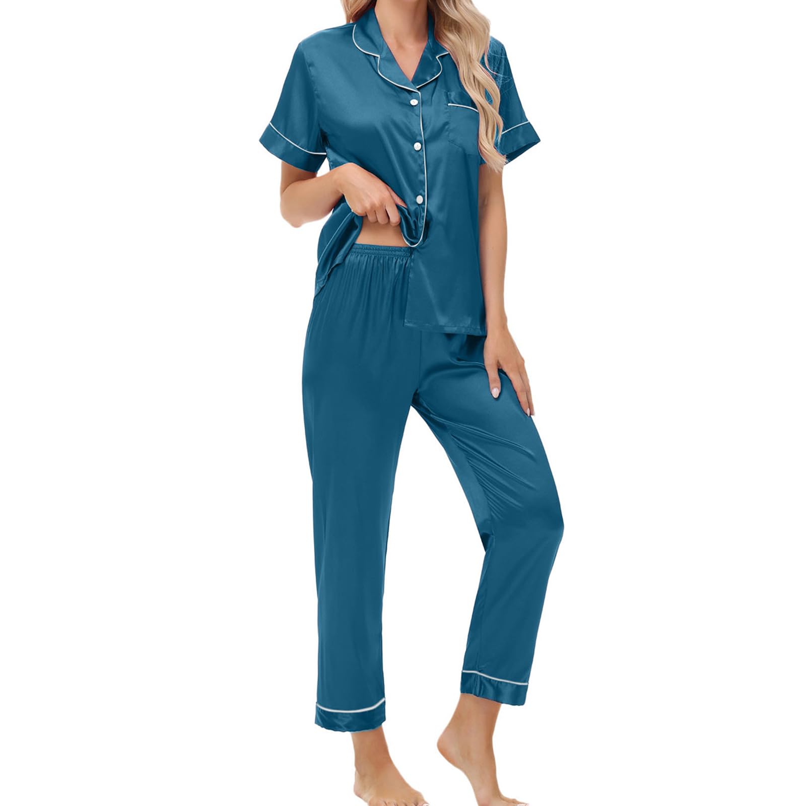 Exemaba Women's Satin Pajama Set Short Sleeve Silk Top and Pants Set Classic Button Down 2-Piece Sleepwear Loungewear