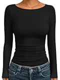 Women's Boat Neck Tops Long Sleeve Shirts Casual Fitted Tee Shirts Solid Color Fall Basic Clothes 2025