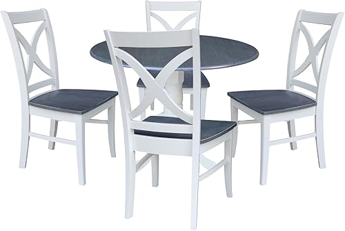 International Concepts K05-42DP-C14-4 - Mesa de doble hoja con 4 sillas de respaldo X, juego de comedor de 5 piezas, color blancogris jaspeado