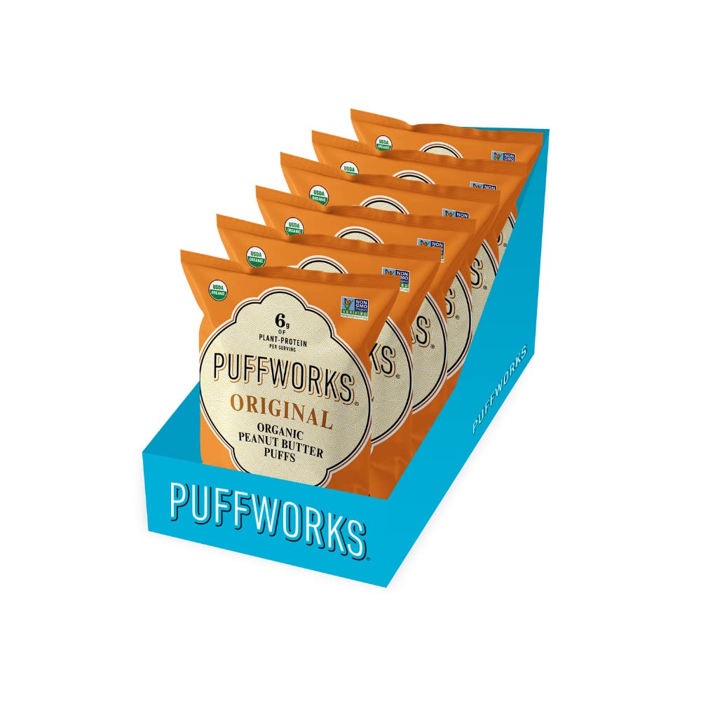 Puffworks Original Organic Peanut Butter Puffs, 2.5 Ounce (Pack of 6), Plant-Based Protein Snack, Gluten- and Rice-Free, Vegan, Kosher
