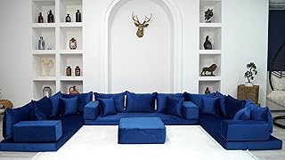 Velvet Royal Blue Color U Shaped Floor Seating, Velvet Floor Sofa, Velvet Floor Couch, Sectional Sofas, Velvet Floor Cushion, Bench Cushion (U Sofa + Ottoman)