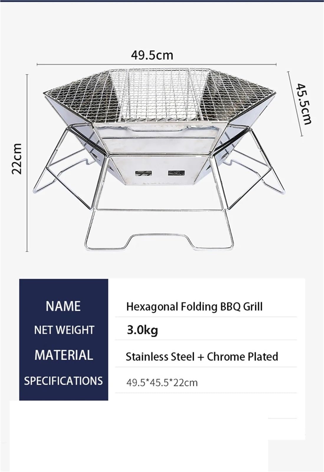 Brasero Exterieur Incinérateur à Bois en Acier Inoxydable, poêle de Camping Plein air, Barbecue Table Hexagonal Pliable et Portable