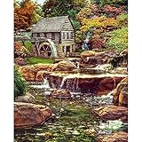 Digital Painting Kits for Adults Kids Waterfall and Forest Hut Painting by Numbers Set of Assorted Color Oil Painting Kit and Brush Accessories 16x20 inch Canvas Good for Home Decor