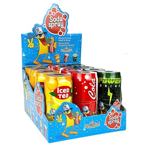 Soda Spray Líquido 12 Uds – Estuche con 12 Caramelos Líquidos en Spray de 60 ml Cada Uno | Sabores Cola, Iced Tea y Lima-Limón | Chuches Ácidas Divertidas y Refrescantes para Niños y Adultos