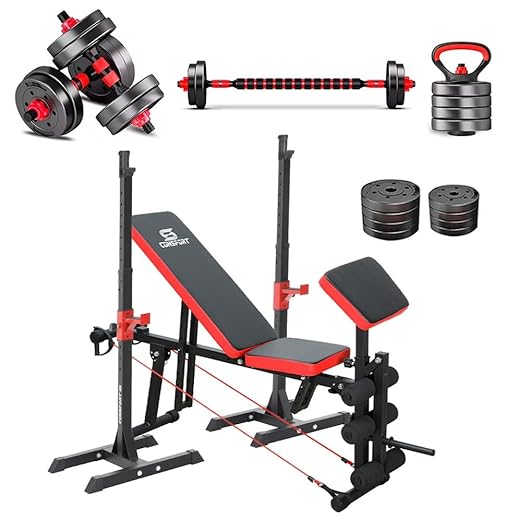 Banqueta Suporte Supino e Kit Halteres Barra Kettlebell Dumbell Pesos - Consport