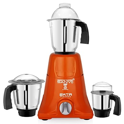MasterClass Sanyo EPNEX 1HP-Watts Mixer Grinder with 3 Steel Jars (1 Wet Jar, 1 Dry Jar and 1 Chutney Jar) (Orange) ISI Certified