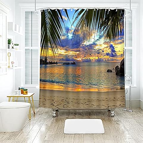 Vgzsyomqib Tropical Beach Scene Shower Curtain Seaside Washable Mould Proof Resistant Bathroom Ocean Sea View Polyester Shower Curtains 12 Hooks Wet Room - 180 x 180 CM (72 x 72 Inch) Colourful Cover