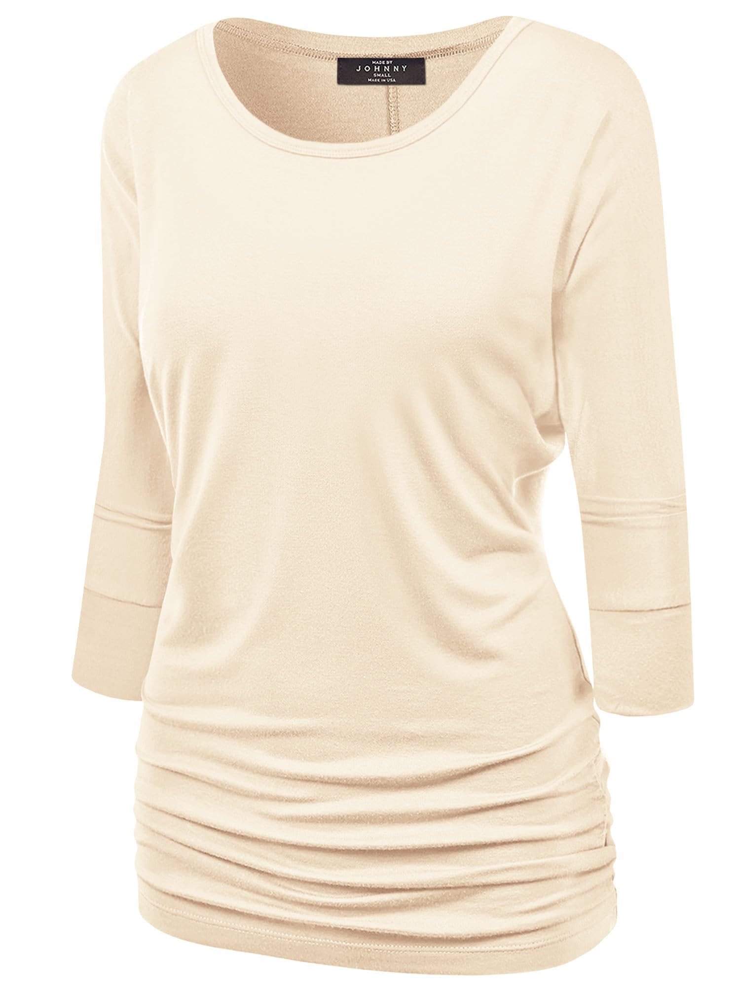 Women's Casual Boat Neck and V-Neck 3/4 Sleeve Draped Dolman Top with Side Shirring Premium Shirt