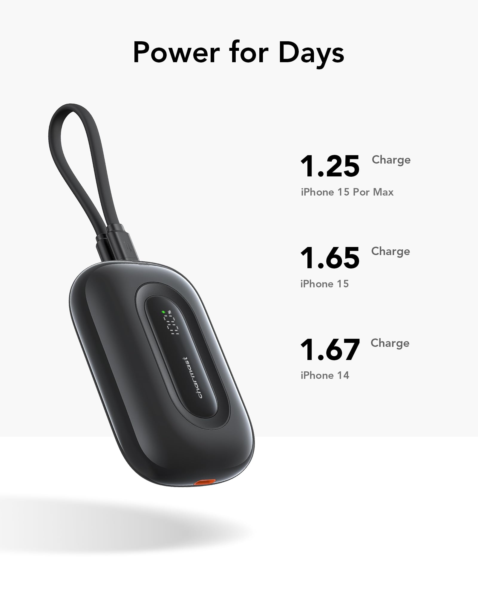 Charmast Mini Power Bank 10000mAh con Cavi Integrati (Rimovibile) 20W Caricatore Portatile Ricarica Rapida USB C Ultra Compatto Powerbank Compatibile con iPhone 15/14/13/12 Huawei (Nero)
