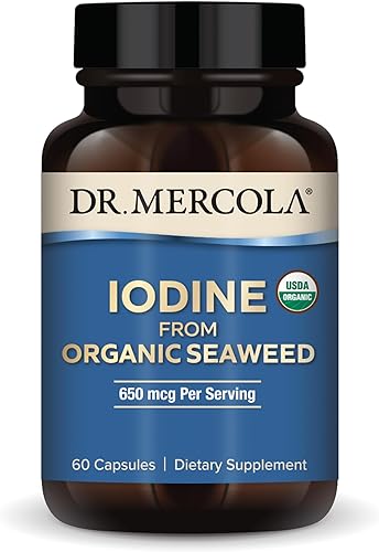 Dr. Mercola Yodo de algas orgánicas, 650 mcg por porción, 30 porciones (60 cápsulas), suplemento dietético, tiroides y apoyo energético, sin OMG,