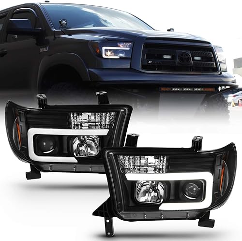 ACANII - Para 2007-2013 Toyota Tundra 08-17 Sequoia Pickup Negro LED Tubo Proyector Faros Faros Par Izquierdo+Derecho