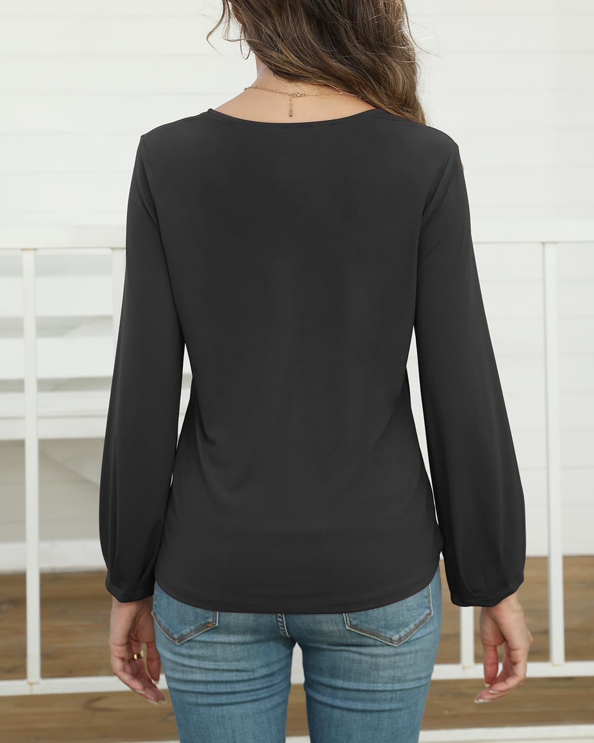 Womens Dressy Tops V Neck Floral Long Sleeve Shirts Loose Puff Sleeve Work Blouses Casual Fall Stylish Clothes - Image 5