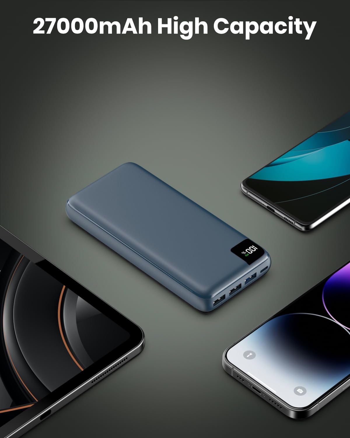 Bilivein 22.5W Power Bank 27000mAh - USB C Batteria Esterna Caricatore Portatile con 4 Uscite Powerbank con Display LED per Tablet Cellulare blu