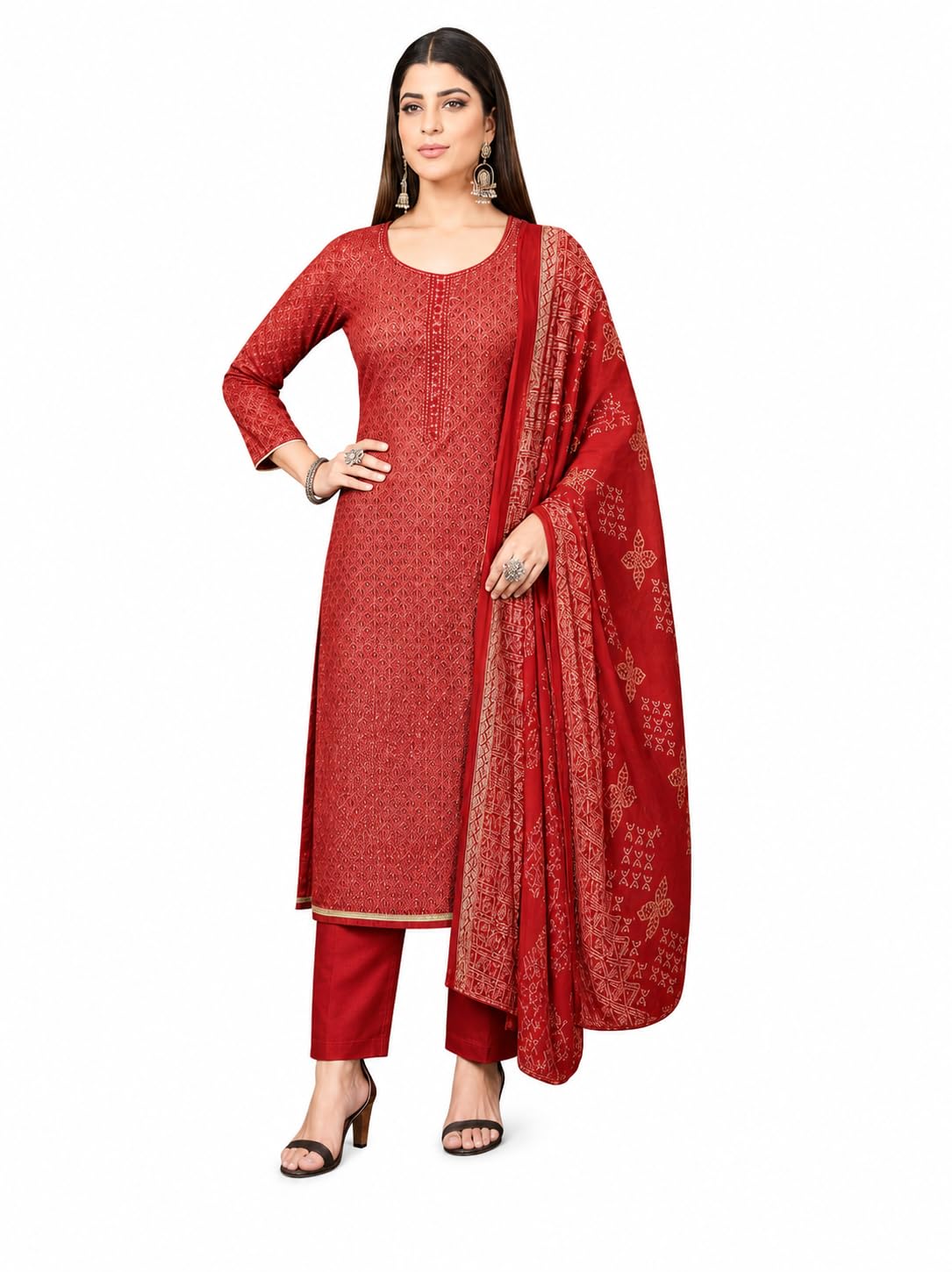 Women's Unstitched Suit Set | Cotton Slub Top with Embroidery Work | Plain Cotton Bottom & Printed Nazneen Dupatta | Ethnic Dress Material-image-13