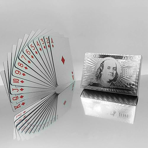 Miniatura 6 de Paquete de 2 cartas de póquer de plástico resistentes al agua de dólar y plata doradas altamente flexibles, cartas de papel de aluminio dorado,