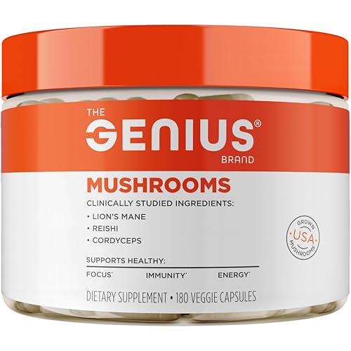 Genius Mushroom Supplement - Full-Spectrum Lion’s Mane, Cordyceps, Reishi -Daily Brain Nootropic for Energy, Focus, Memory & Overall Wellness - 180 Capsules – Organic for Mental Clarity & Performance