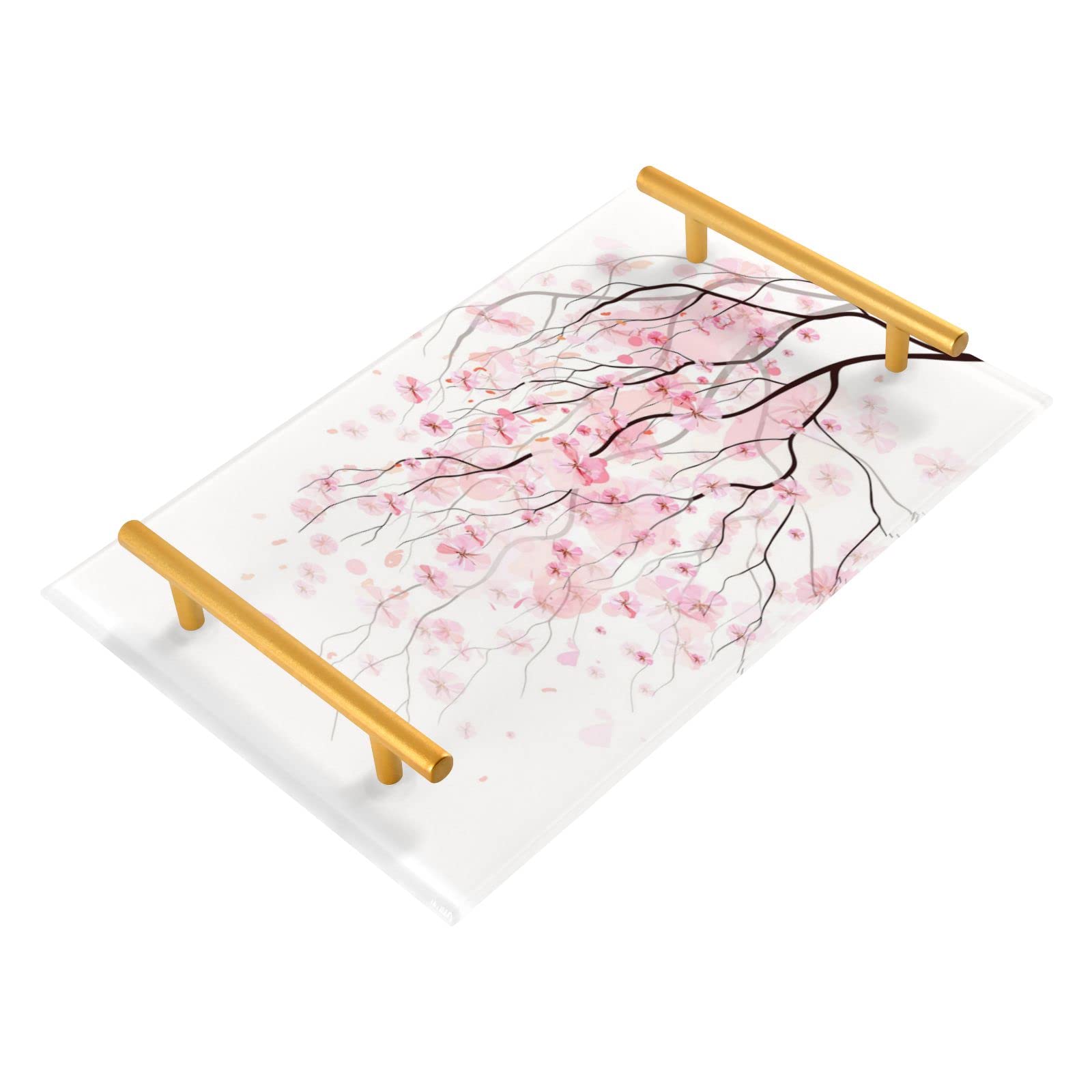 Light Pink Cherry Blossom Flowers Branch On White Rectangle Bathroom Tray, Decor Serving Tray with Metal Handle Acrylic Tray for Perfume Makeup Jewelry Dresser Coffee Organizer