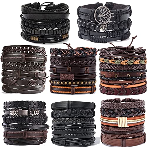 SONNYX 44 Pcs Braided Leather Bracelets for Men Women Woven Cuff Wrap Bracelets Hemp Cords Wood Beads Ethnic Tribal Bracelets Adjustable Leather Wristbands
