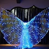 LED Isis Wings Light Up Wings Glow Light Up Belly Dance Costumes with Sticks, Led Butterfly Wings with Telescopic Stick for Carnival, Stage, Halloween Christmas Party, Performance Props(Kids Blue)