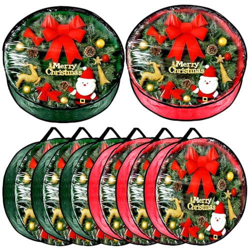 Dunzy 8 Pieces Wreath Container Christmas Wreath Storage Bag Garland Tear Resistant Fabric Round Boxes with Clear Window for Storage for Xmas Holiday Ornament(24×24×7.8 Inch,Red, Green)