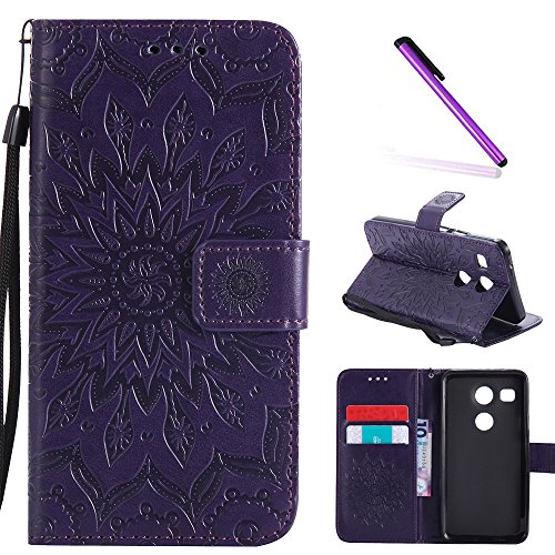 LG Nexus 5X Case,Google Nexus 5X Case,LEECOCO Fancy Embossed Floral Pattern Wallet Case with Card/Cash Slots [Kickstand] Shockproof PU Leather Flip Case Cover for LG Nexus 5X Mandala Purple
