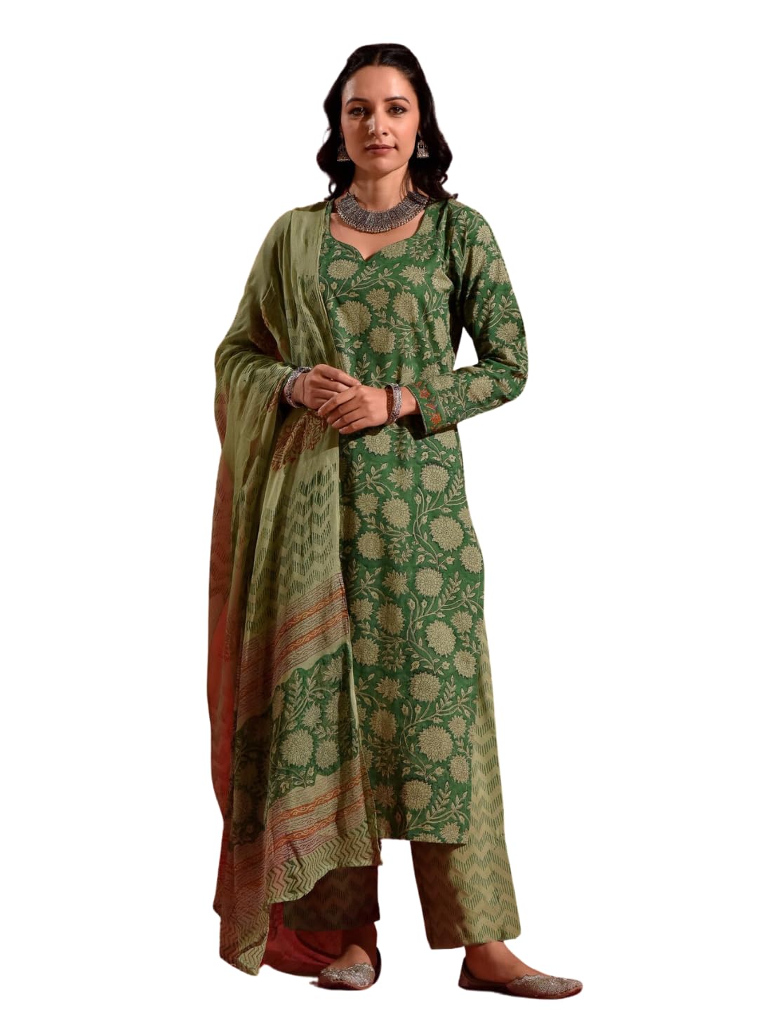 Nainvish Women's Green Printed Straight Rayon Sweetheart Neck Kurta Pant With Dupatta (Sd692_Kbd-Xxl)