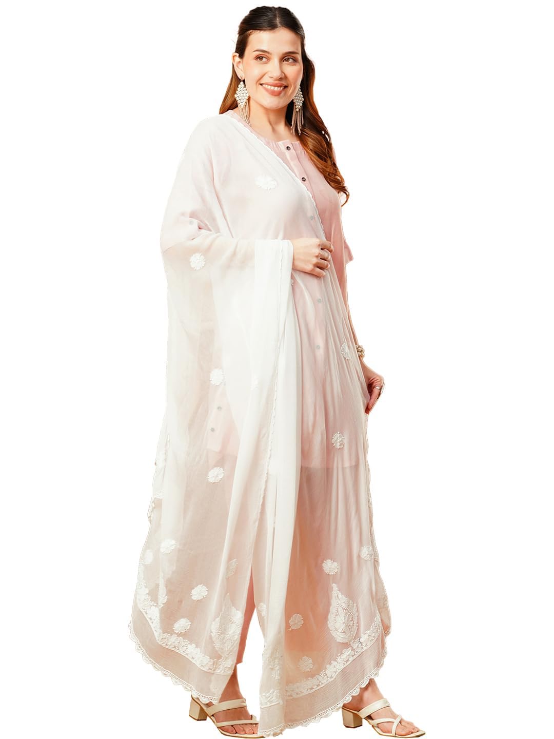 ada Hand Embroidered Lucknowi Chikankari Chiffon Dupatta Stole for Women A511217 White-picture-35