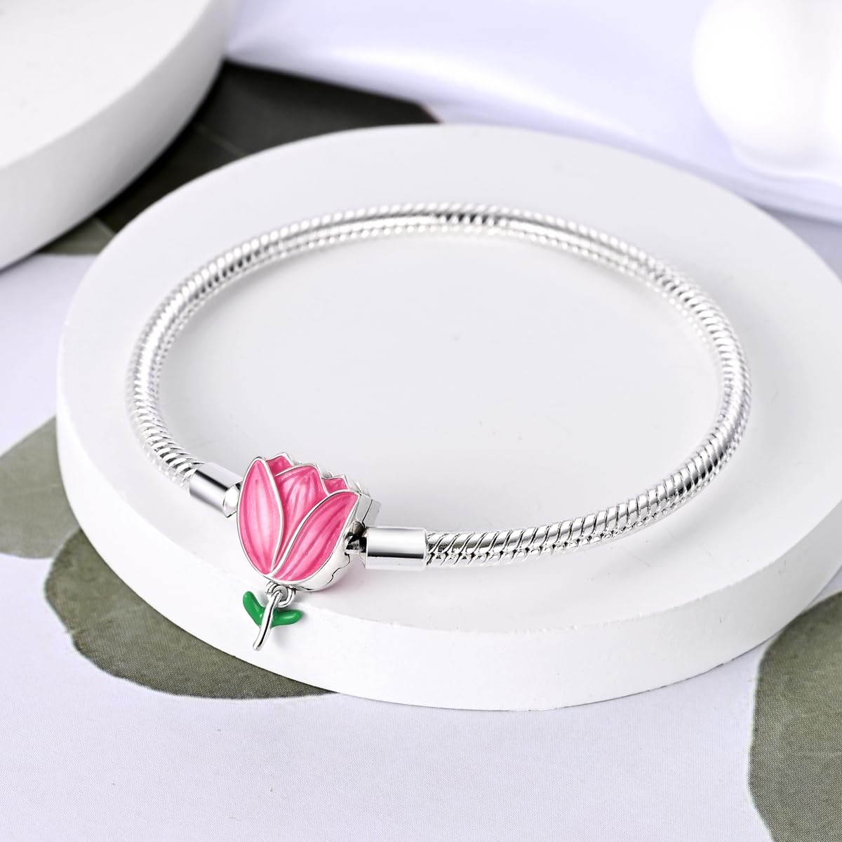 YDYDTTKD Pulsera con Dije de Cadena de Serpiente de Plata de Ley 925, corazón de Mariposa y Mejor Amiga con circonita cúbica 5A para Mujeres y niñas, Regalo para Ella, tulipán romántico, 7,5 Pulgadas