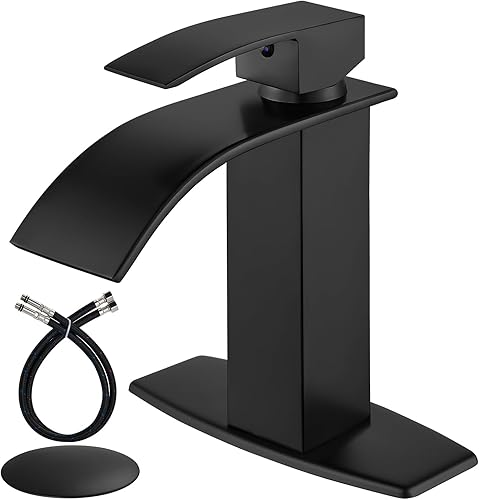 Airuida Grifo de baño de cascada grifo de lavabo de baño de un solo agujero negro mate grifo de lavabo para autocaravanas con drenaje desplegable y Airuida Grifo de baño de cascada grifo de lavabo de baño de un solo agujero negro mate grifo de lavabo para autocaravanas con drenaje desplegable y