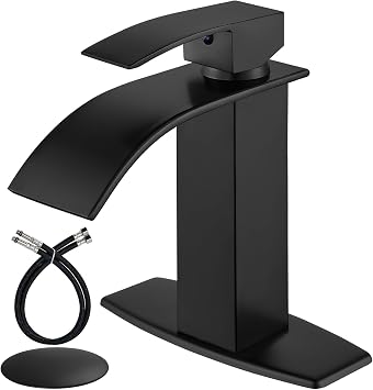 Airuida Matte Black Waterfall Bathroom Faucet, Single Handle Single Hole Bathroom Sink Faucet, Rv Lavatory Vessel Faucet Vanity Basin Commercial Mixer Tap with Pop-up Drain and Deck Plate