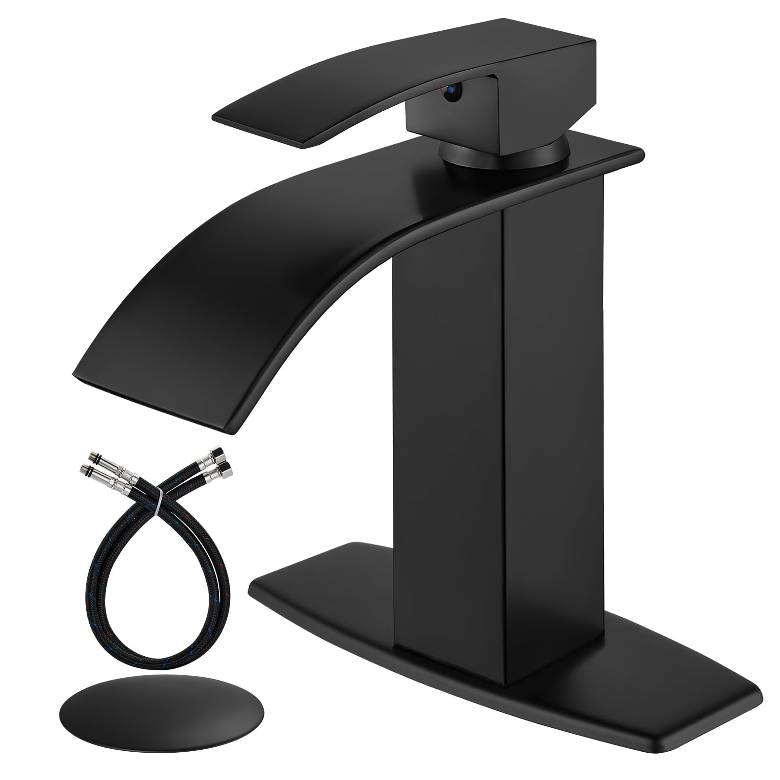 Airuida Matte Black Waterfall Bathroom Faucet, Single Handle Single Hole Bathroom Sink Faucet, Rv Lavatory Vessel Faucet Vanity Basin Commercial Mixer Tap with Pop-up Drain and Deck Plate