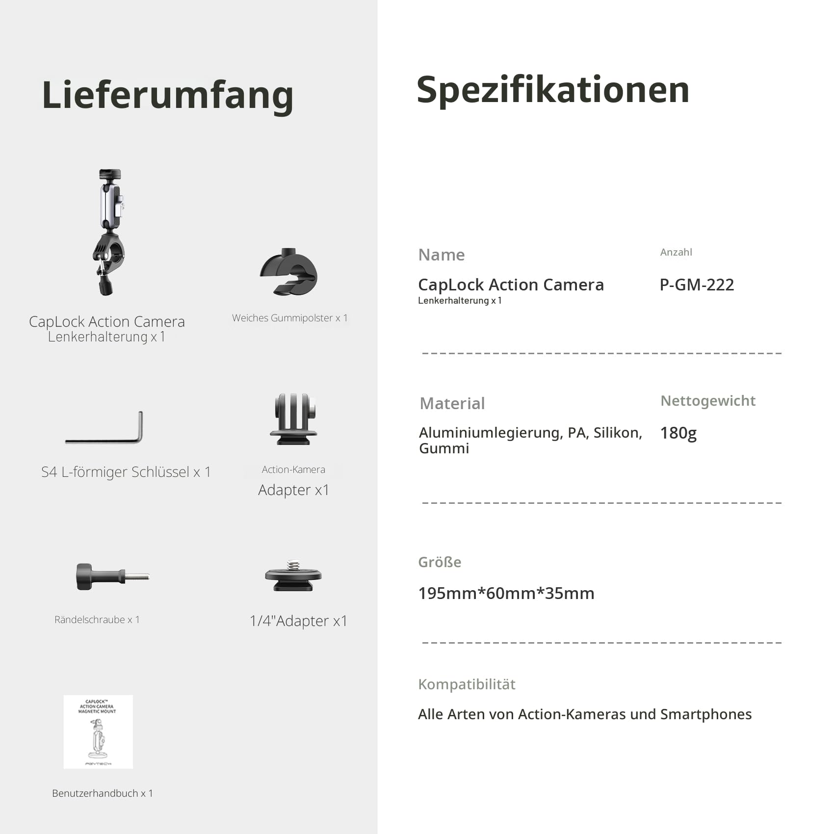 PGYTECH CapLock Fahrrad Lenkerhalterung Aluminium Motorrad Actioncam Klemme | Schnellverschluss Lenker Halterung, 360 Panorama Dual-Kugelkopf, 1/4 Zoll Gewindeadapter, für DJI/GoPro/Insta360