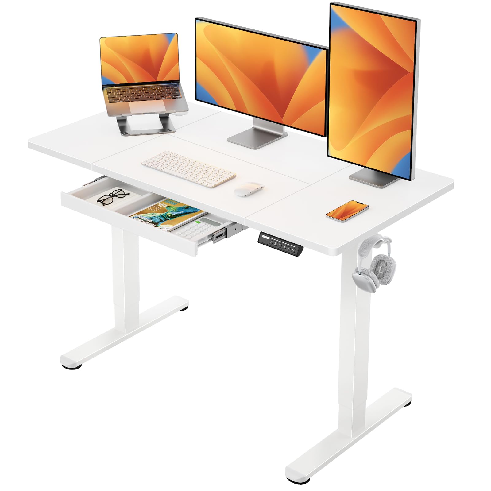 ErGear Mesa Escritorio Elevable 120 x 60 cm, Escritorio Elevable con 4 Memorias Inteligentes & Cajones, Diseño en T para Mayor Estabilidad, Tablero de Mesa con Ensamblaje, Marco y Superficie Blancos
