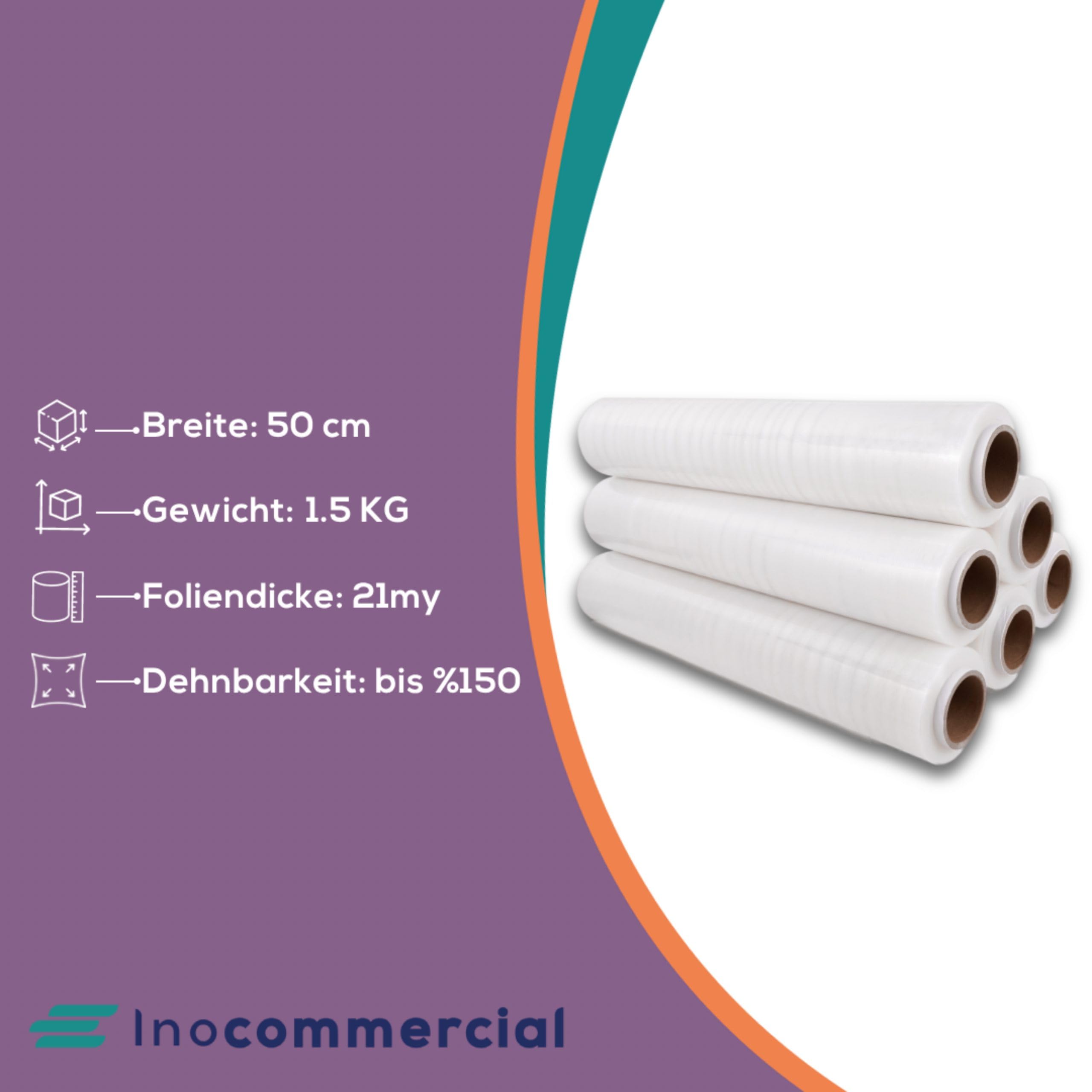 Inoverse 6 rollos de película elástica transparente para envolver 50 cm/1,5 kg, para muebles y mudanzas, lámina para palés, lámina elástica a mano, rollo de lámina elástica, material de embalaje